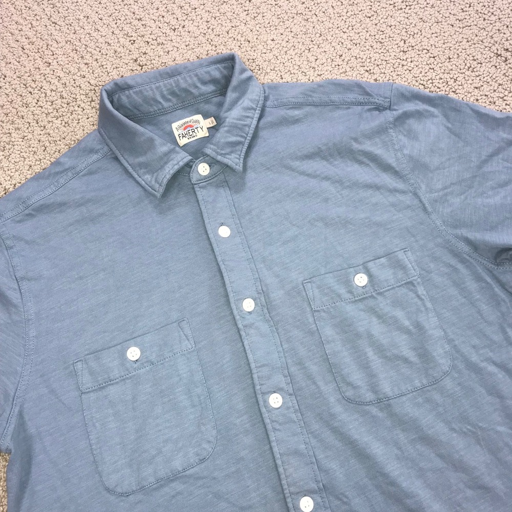 Faherty Brand Mens Large Blue Organic Cotton Slub Short Sleeve Button Down Shirt